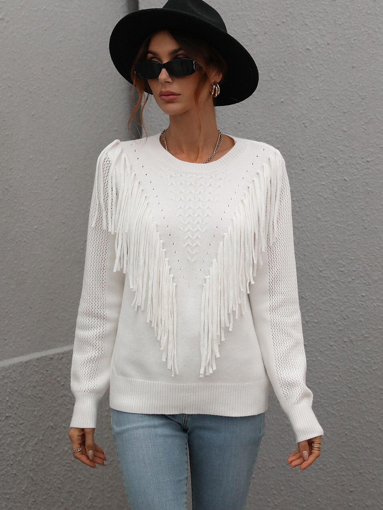 Fringe Detail Ribbed Trim Sweater - Minihomy