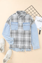 Plaid Fringe Hem Spliced Denim Jacket