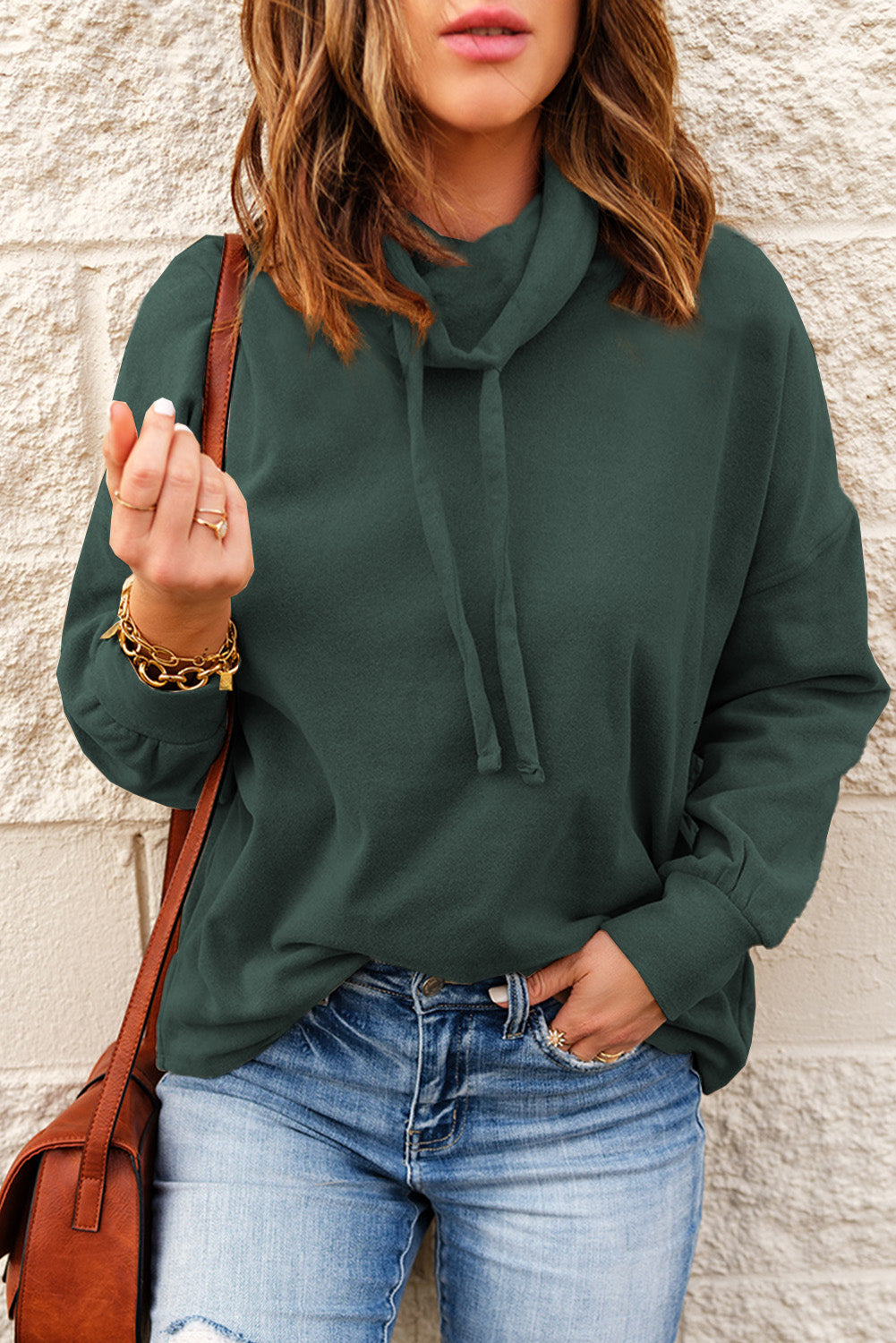 Drawstring Funnel Neck Dropped Shoulder Sweatshirt - Minihomy