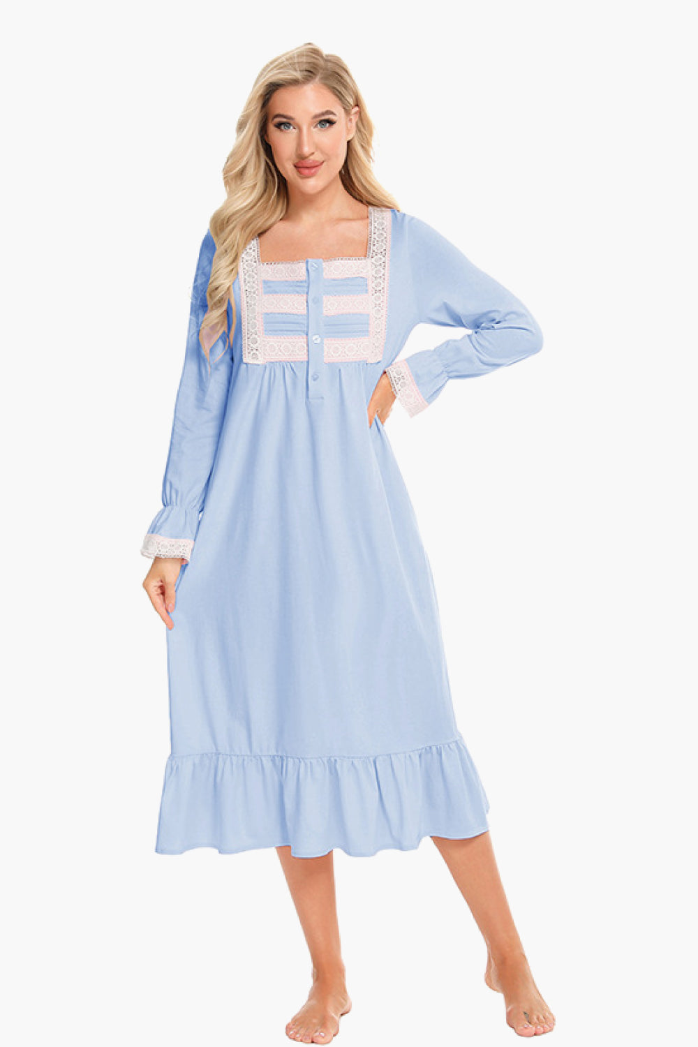 Contrast Lace Trim Ruffle Hem Square Neck Night Dress - Minihomy