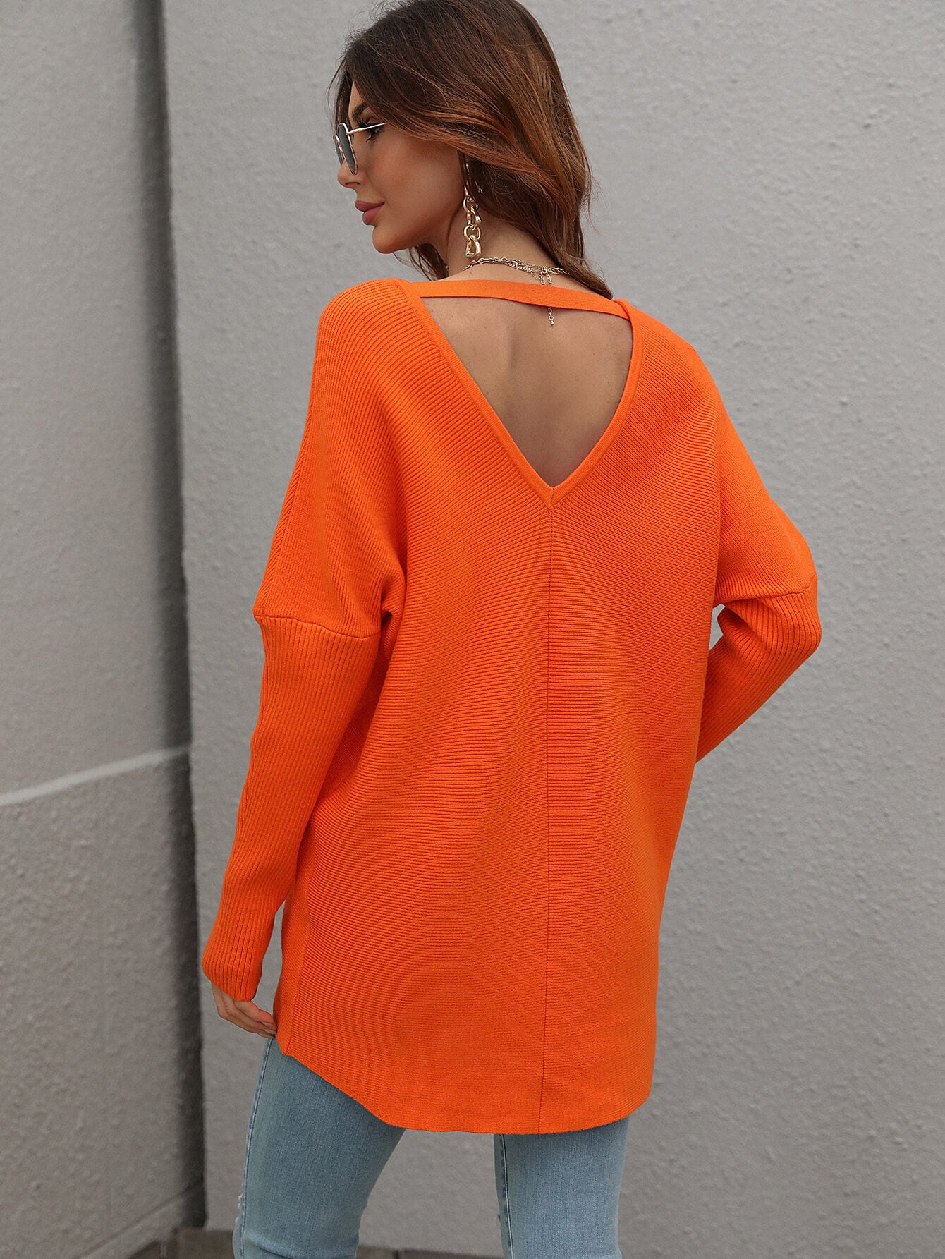 Ribbed V-Neck Open Back Tunic Sweater - Minihomy