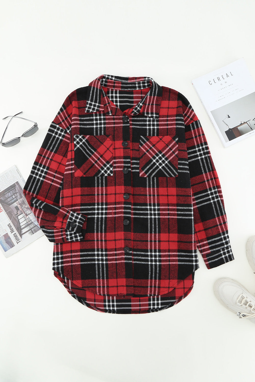 Plaid Curved Hem Longline Shacket - Minihomy