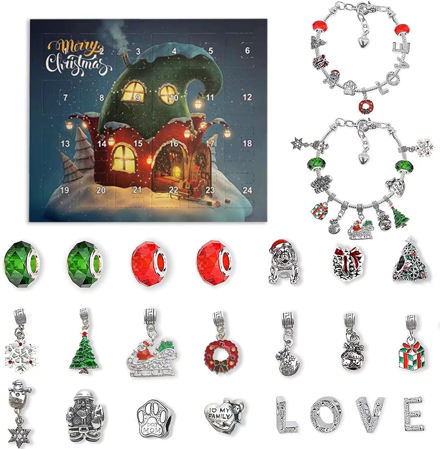 Christmas Advent 24 Countdown Calendar Gift Box Bracelet Set