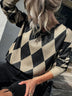 Argyle Eyelash Lace Trim Dropped Shoulder Sweater - Minihomy