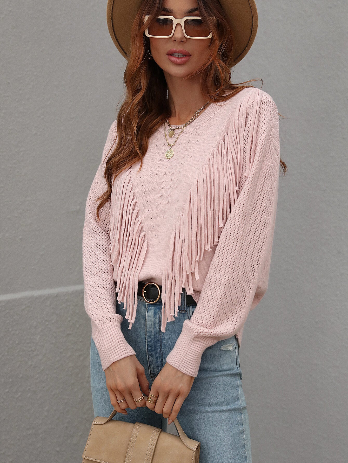 Fringe Detail Ribbed Trim Sweater - Minihomy