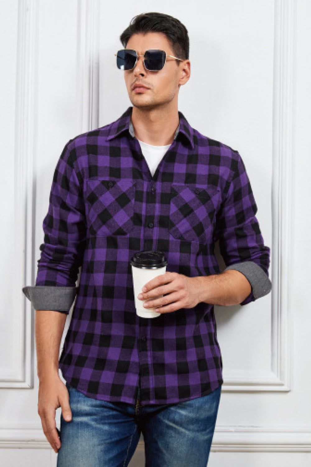 Plaid Buttoned Long-Sleeve Shirt with Breast Pockets - Minihomy