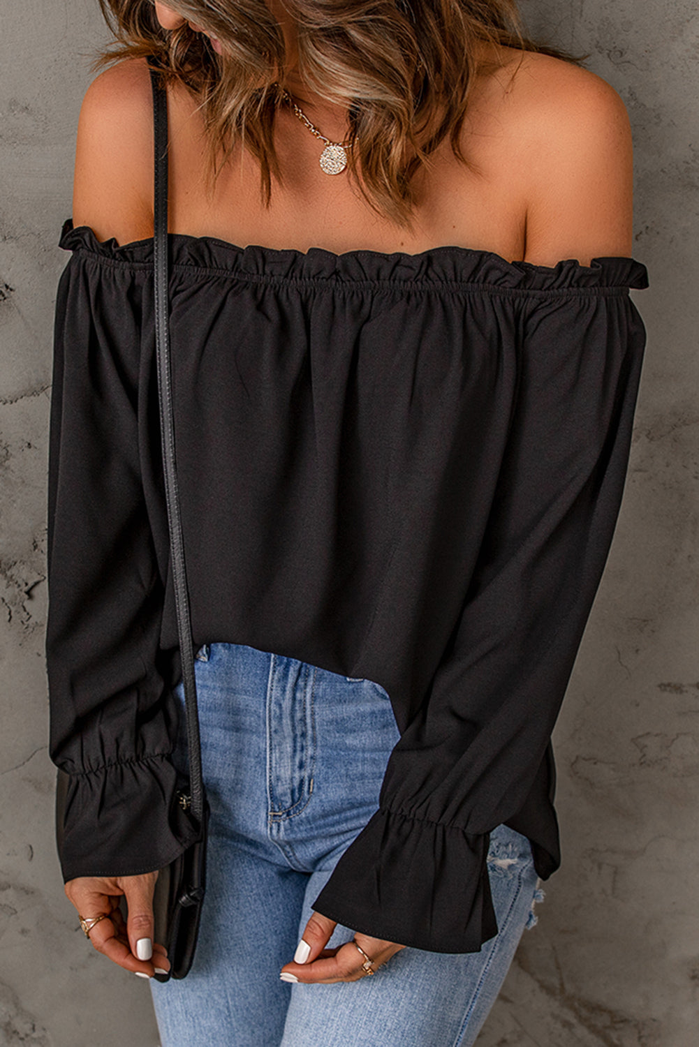 Frill Trim Off-Shoulder Flounce Sleeve Blouse - Minihomy