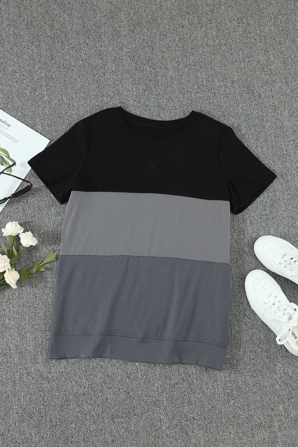 Color Block Side Slit Round Neck T-Shirt - Minihomy