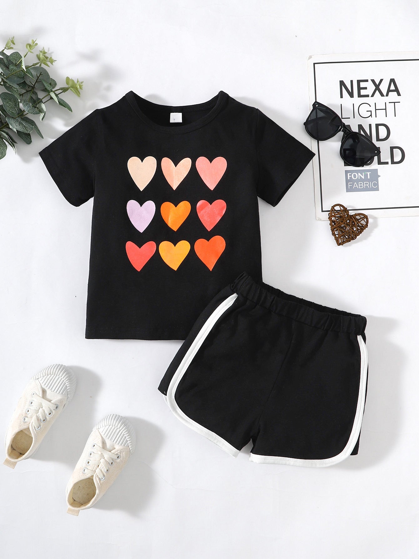 Kids Heart Print T-Shirt and Side Stripe Shorts Set - Minihomy