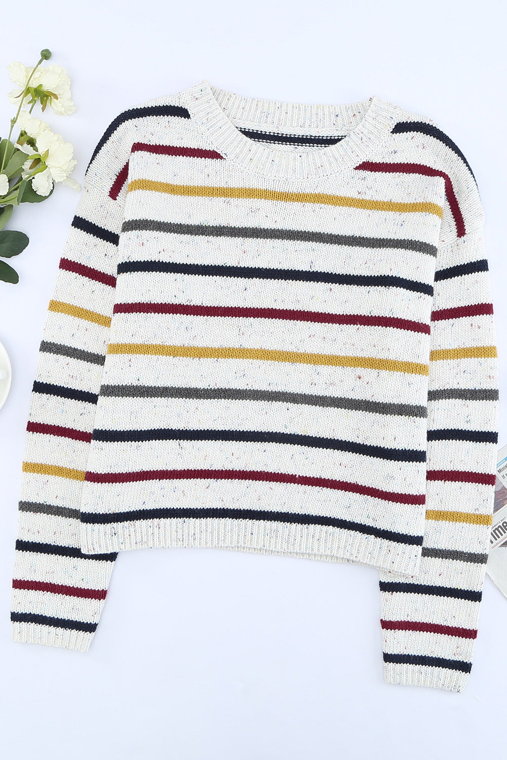 Striped Round Neck Ribbed Trim Sweater