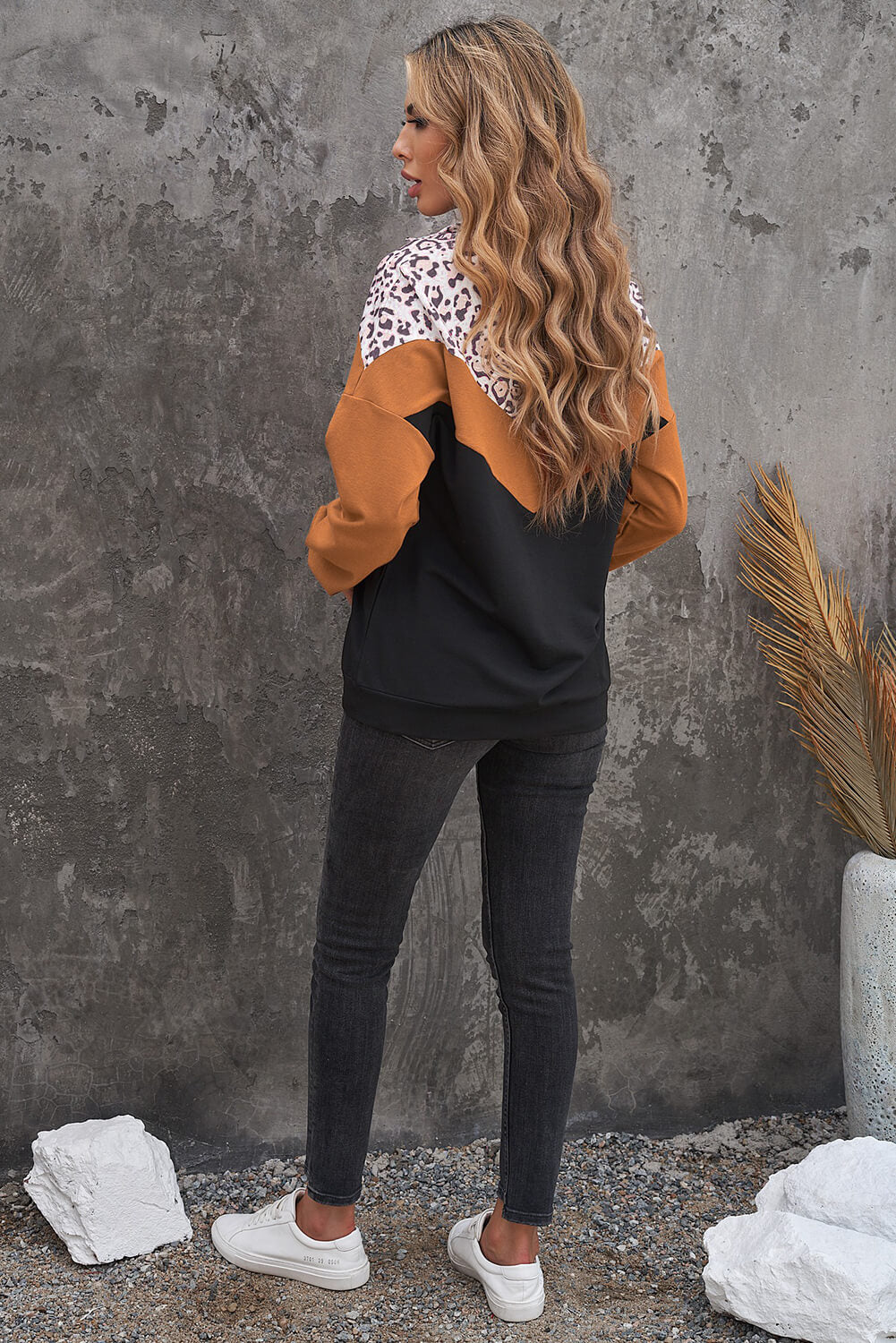 Leopard Color Block Quarter-Zip Sweatshirt - Minihomy