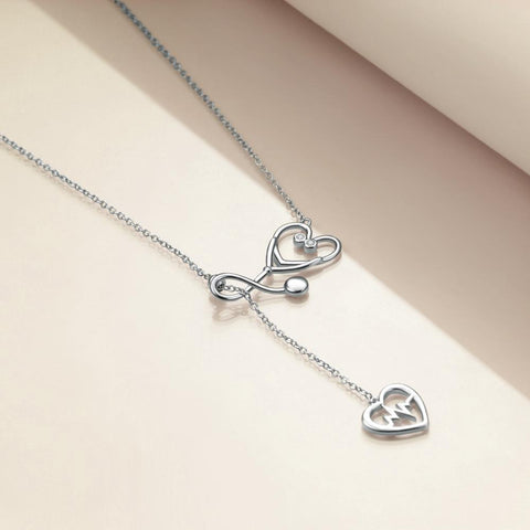 Sterling Silver Stethoscope Jewelry Heartbeat EKG Lariat Y Necklace for Women Doctor Nurse Gift