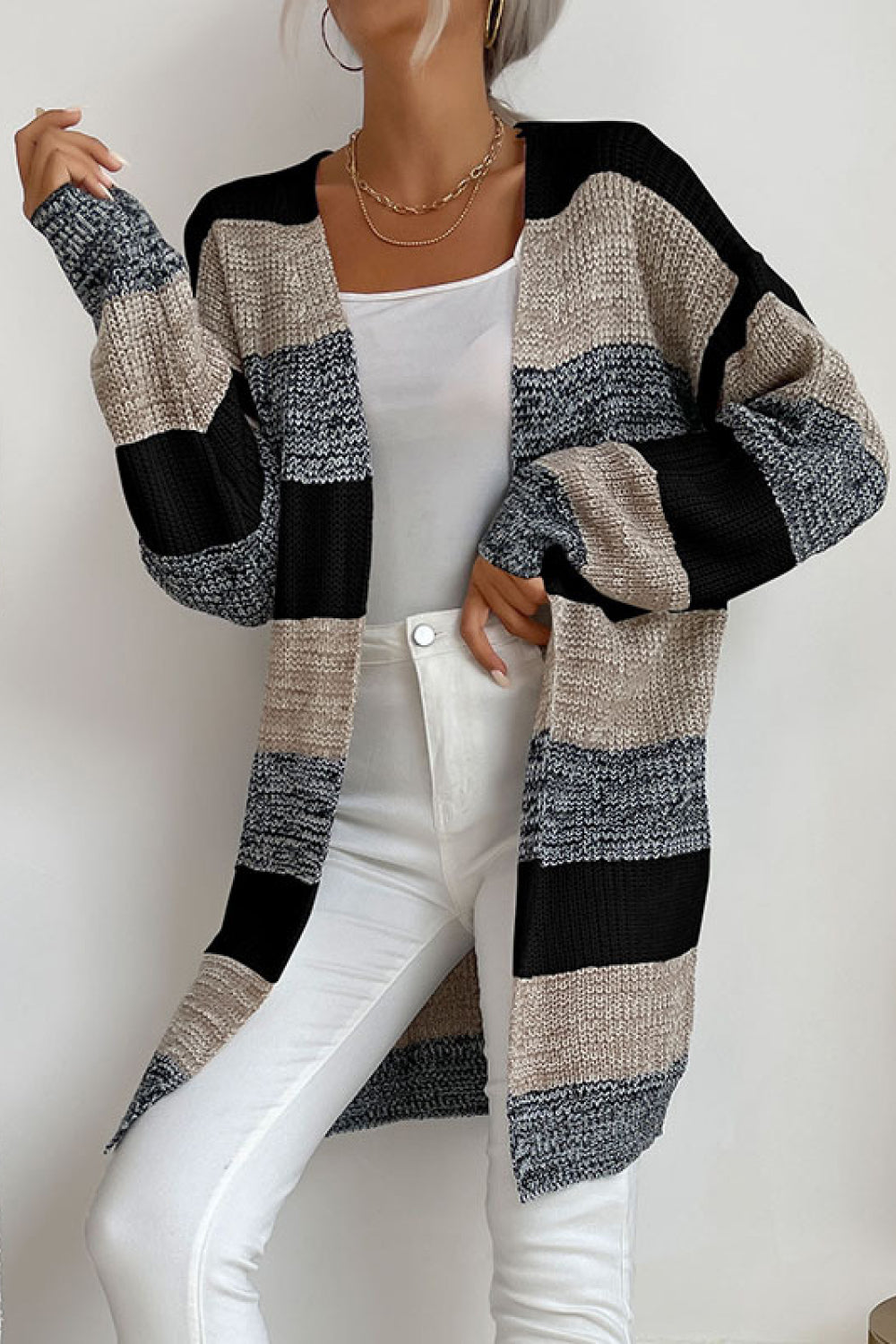 Striped Long Sleeve Duster Cardigan - Minihomy