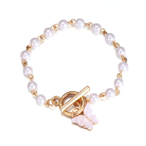 Gold Color Charm Chain Bracelets For Women Pearl Butterfly Alloy Bangle Bracelets
