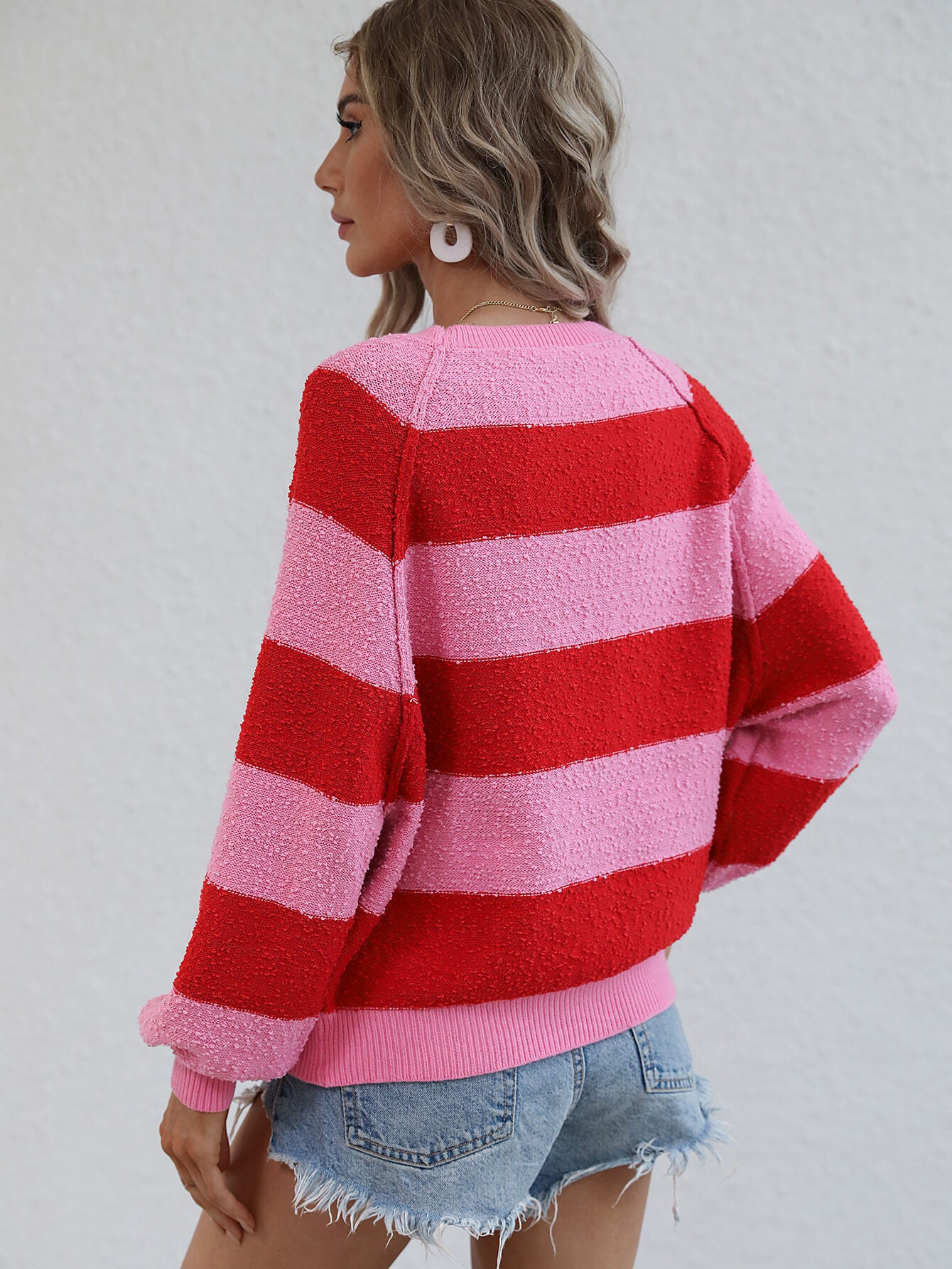 Striped Raglan Sleeve Ribbed Trim Knit Top - Minihomy