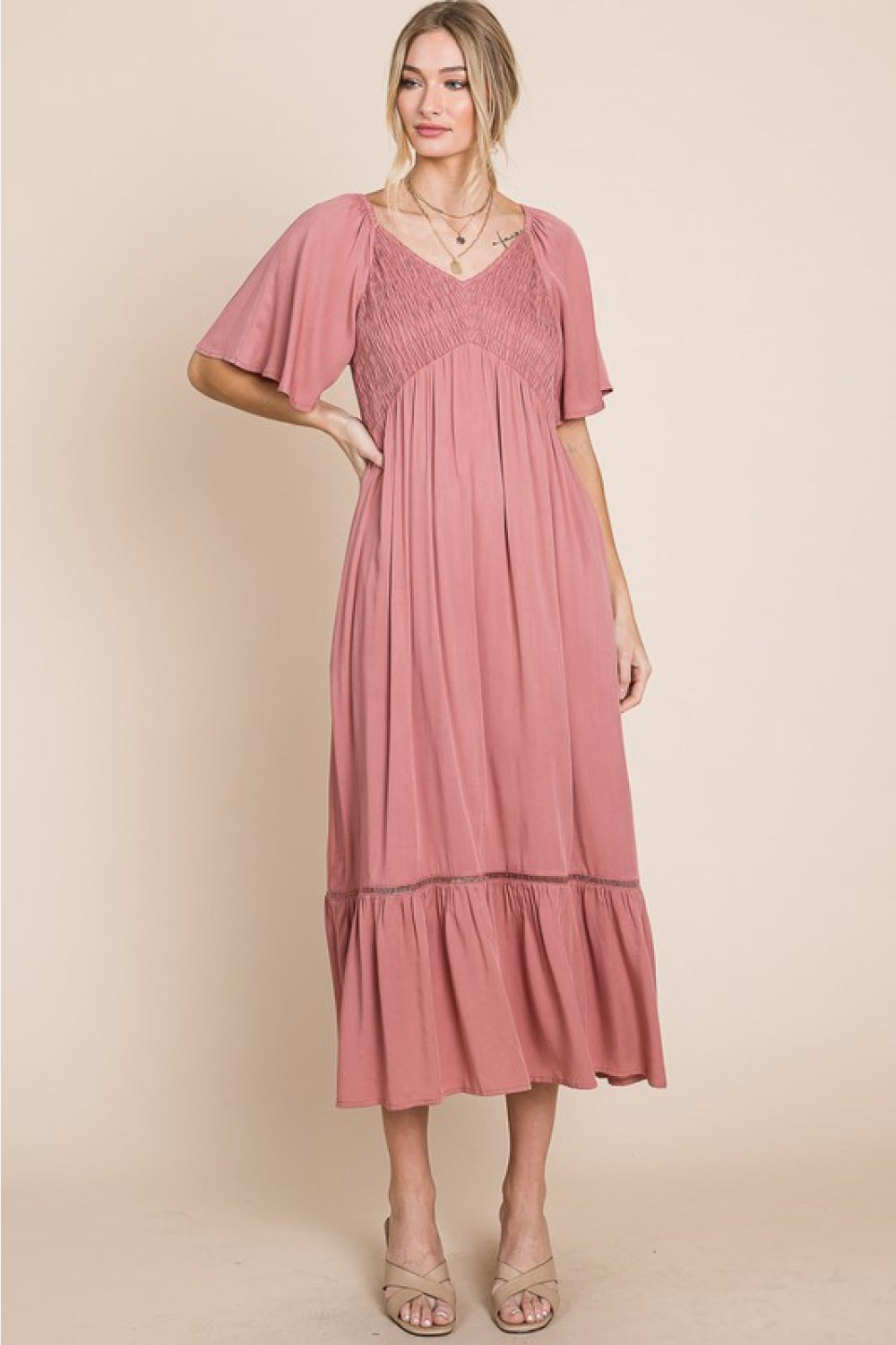 HEYSON Full Size Smocked Pocket Midi Dress in Rouge Pink - Minihomy