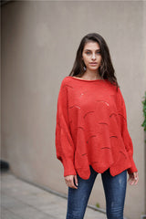 Openwork Boat Neck Sweater with Scalloped Hem