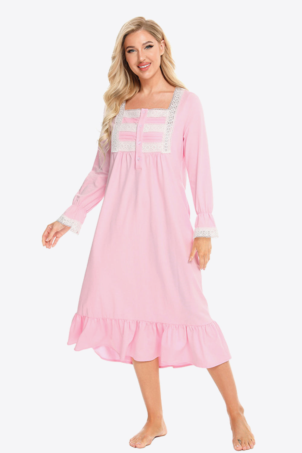 Contrast Lace Trim Ruffle Hem Square Neck Night Dress - Minihomy