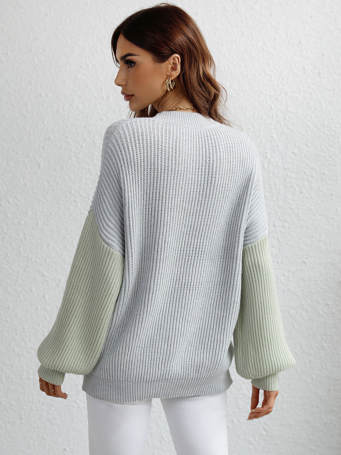 Two-Tone Rib-Knit Dropped Shoulder Sweater - Minihomy