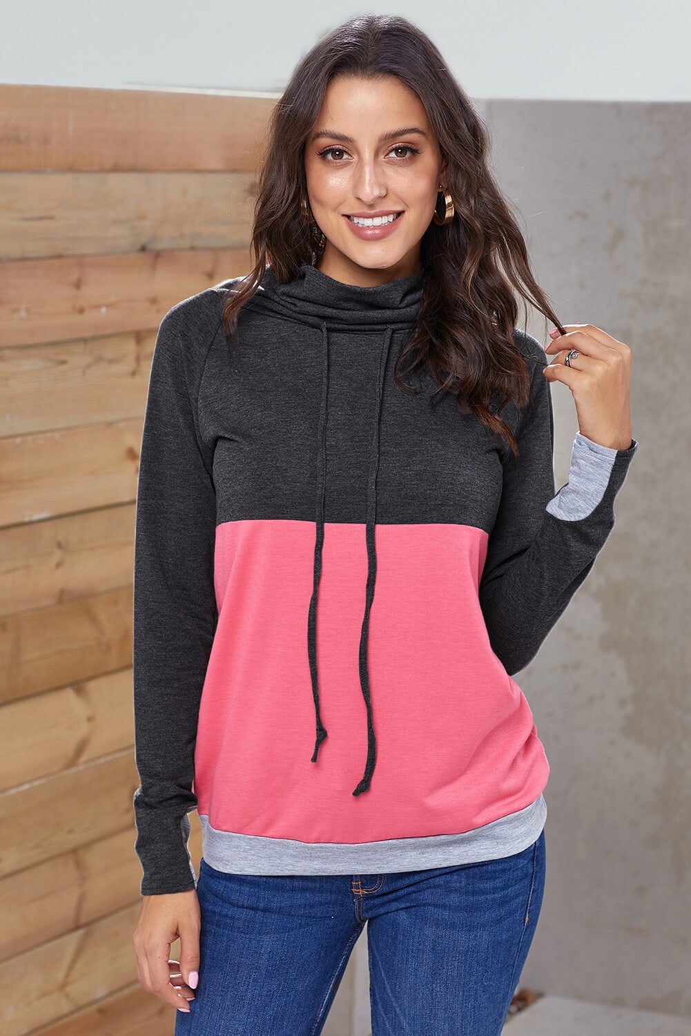 Color Block Raglan Sleeve Drawstring Sweatshirt - Minihomy