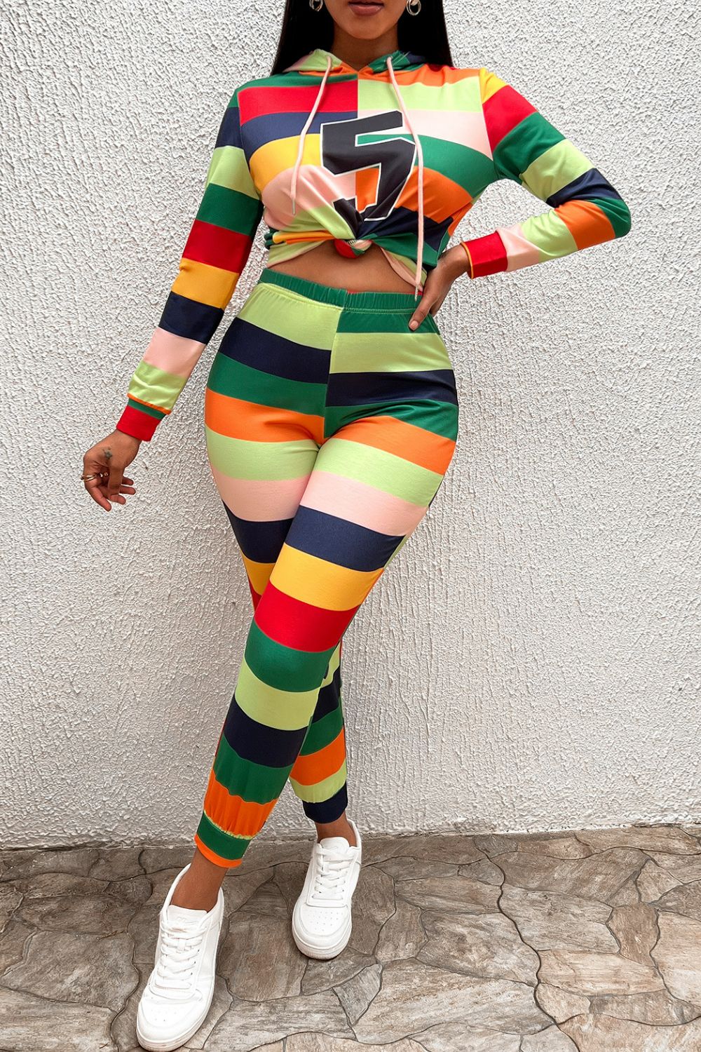 Multicolored Patchwork Drawstring Detail Hoodie and Joggers Set