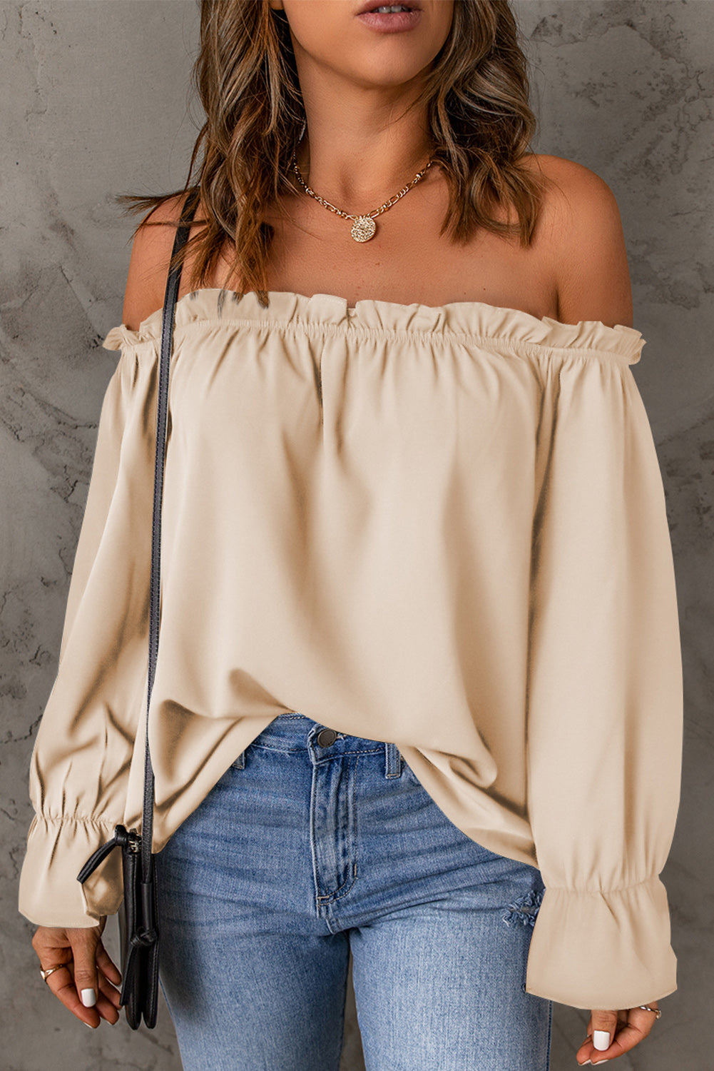 Frill Trim Off-Shoulder Flounce Sleeve Blouse - Minihomy