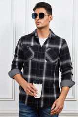 Plaid Button-Up Long-Sleeve Shirt with Pockets - Minihomy