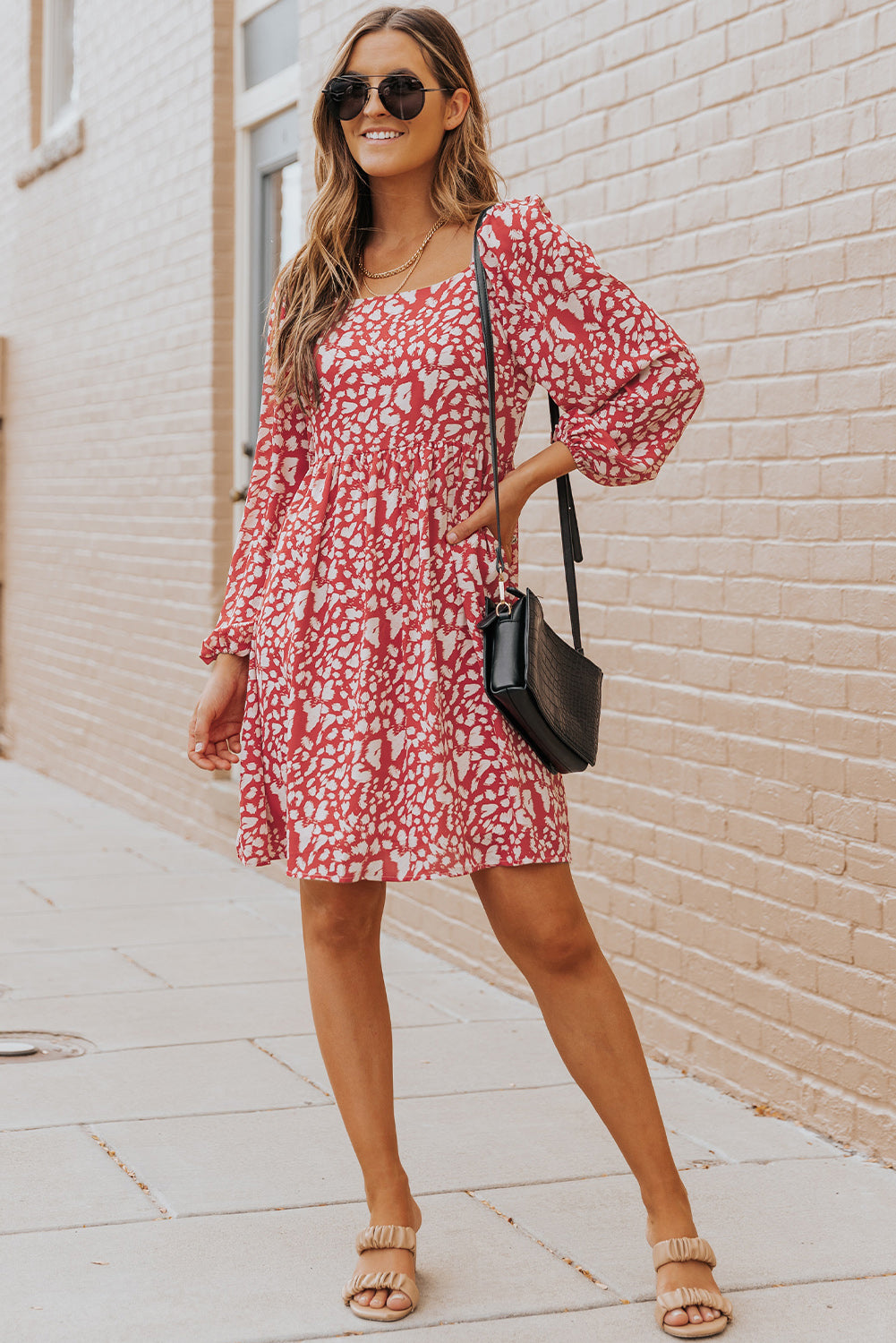 Animal Print Square Neck Balloon Sleeve Dress - Minihomy