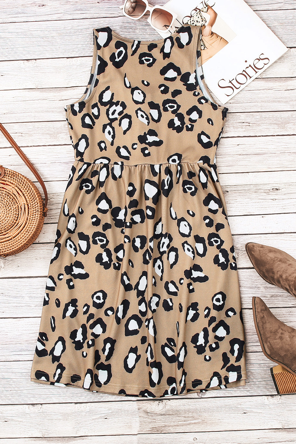 Leopard Buttoned Sleeveless Dress - Minihomy