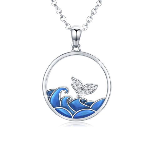 925 Sterling Silver Dolphin Jumping Tail Waves Whale Pendant Blue Wave Gradient Dainty Jewelry