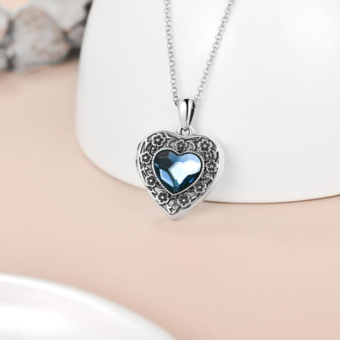 Sterling Silver Vintage Heart Crystal Pendant Flower Photo Lockets Necklace for Women
