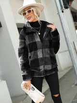 Plaid Zip Up Collared Plush Jacket