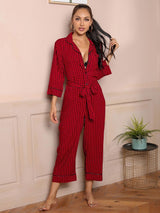 Plaid Lapel Collar Belted Jumpsuit