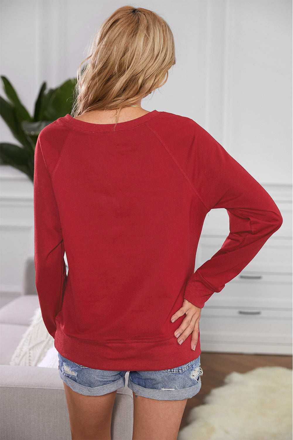 Round Neck Raglan Sleeve Exposed Seam Sweatshirt - Minihomy