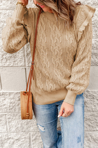 Ruffle Shoulder Cable-Knit Sweater