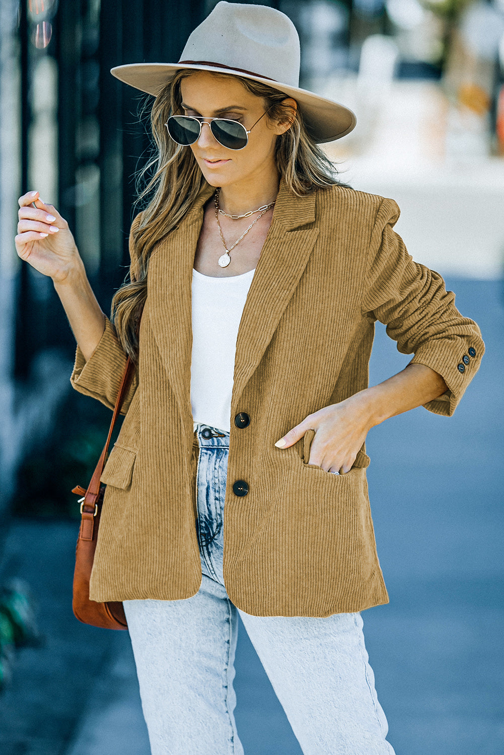 Back Slit Lapel Collar Corduroy Jacket - Minihomy