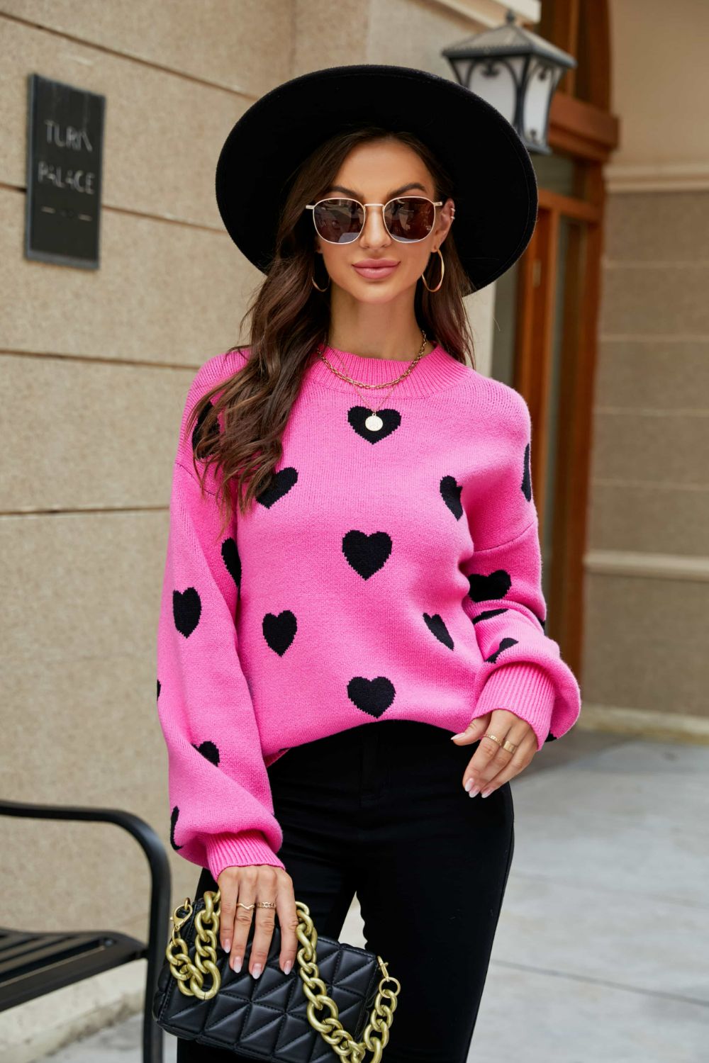 Heart Pattern Lantern Sleeve Sweater