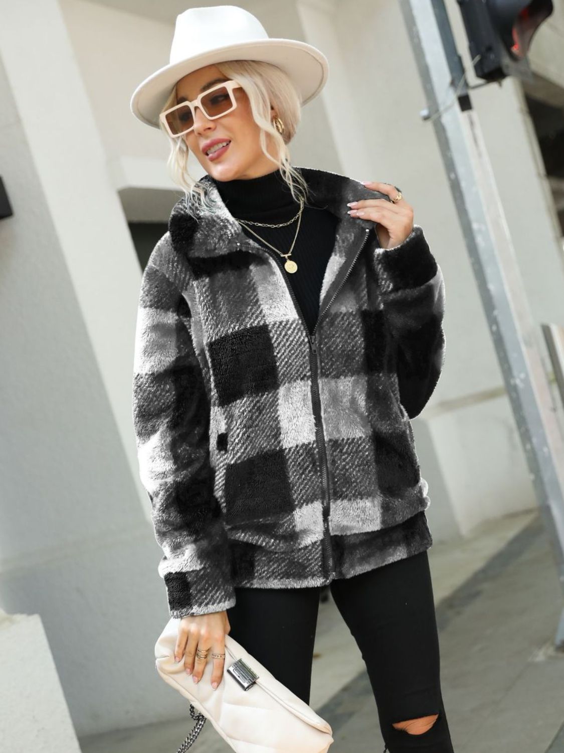 Plaid Zip Up Collared Plush Jacket