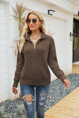 Quarter-Zip Rib-Knit Collared Sweater