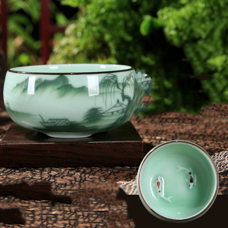 Celadon Hand-painted Ceramic Teacup Kung Fu Tea Set Carp Creative