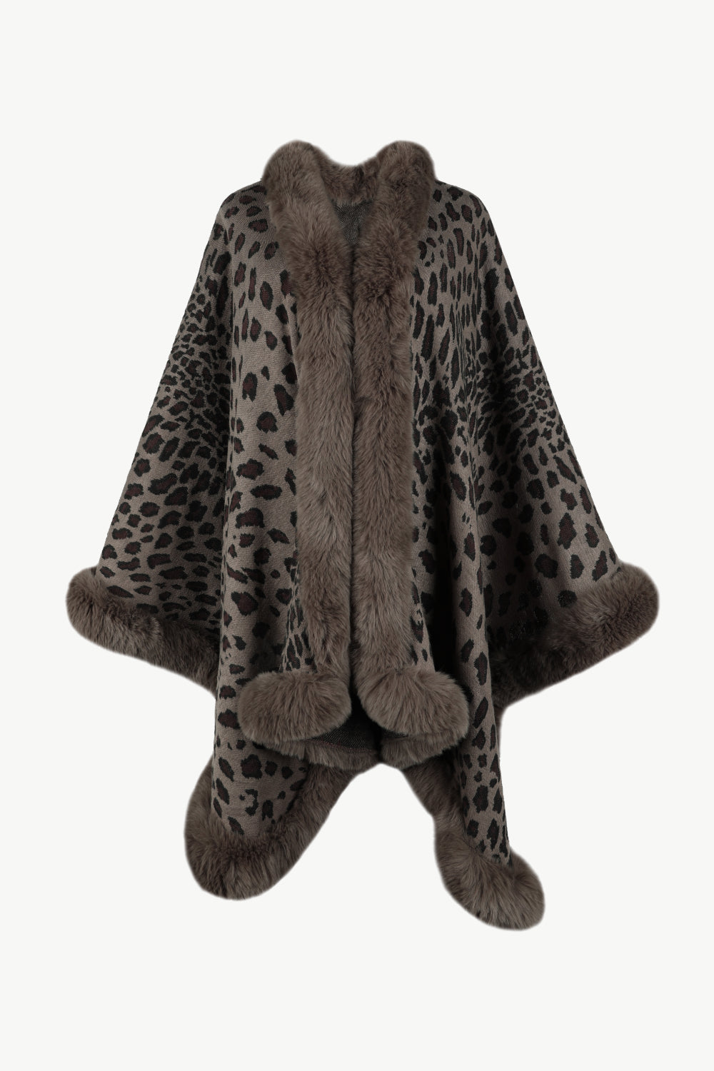 Animal Print Faux Fur Trim Poncho Jacket