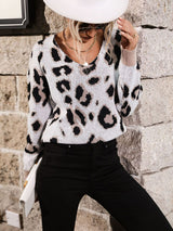 Leopard V-Neck Ribbed Trim Dropped Shoulder Sweater