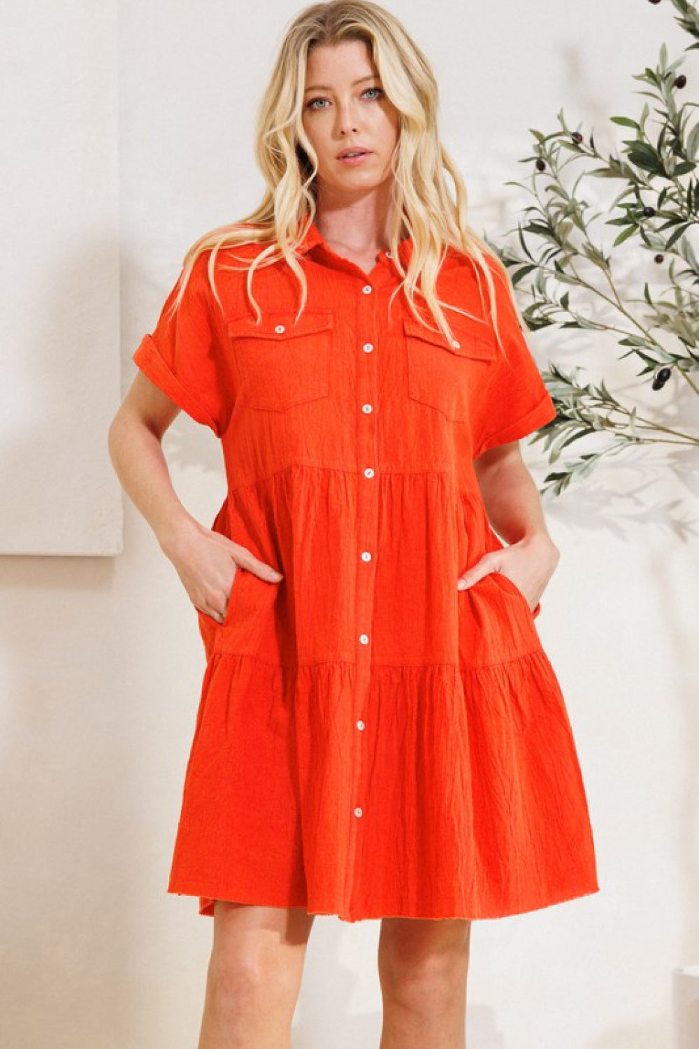 ODDI Full Size Button Front Tiered Shirt Dress - Minihomy