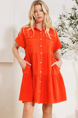 ODDI Full Size Button Front Tiered Shirt Dress - Minihomy