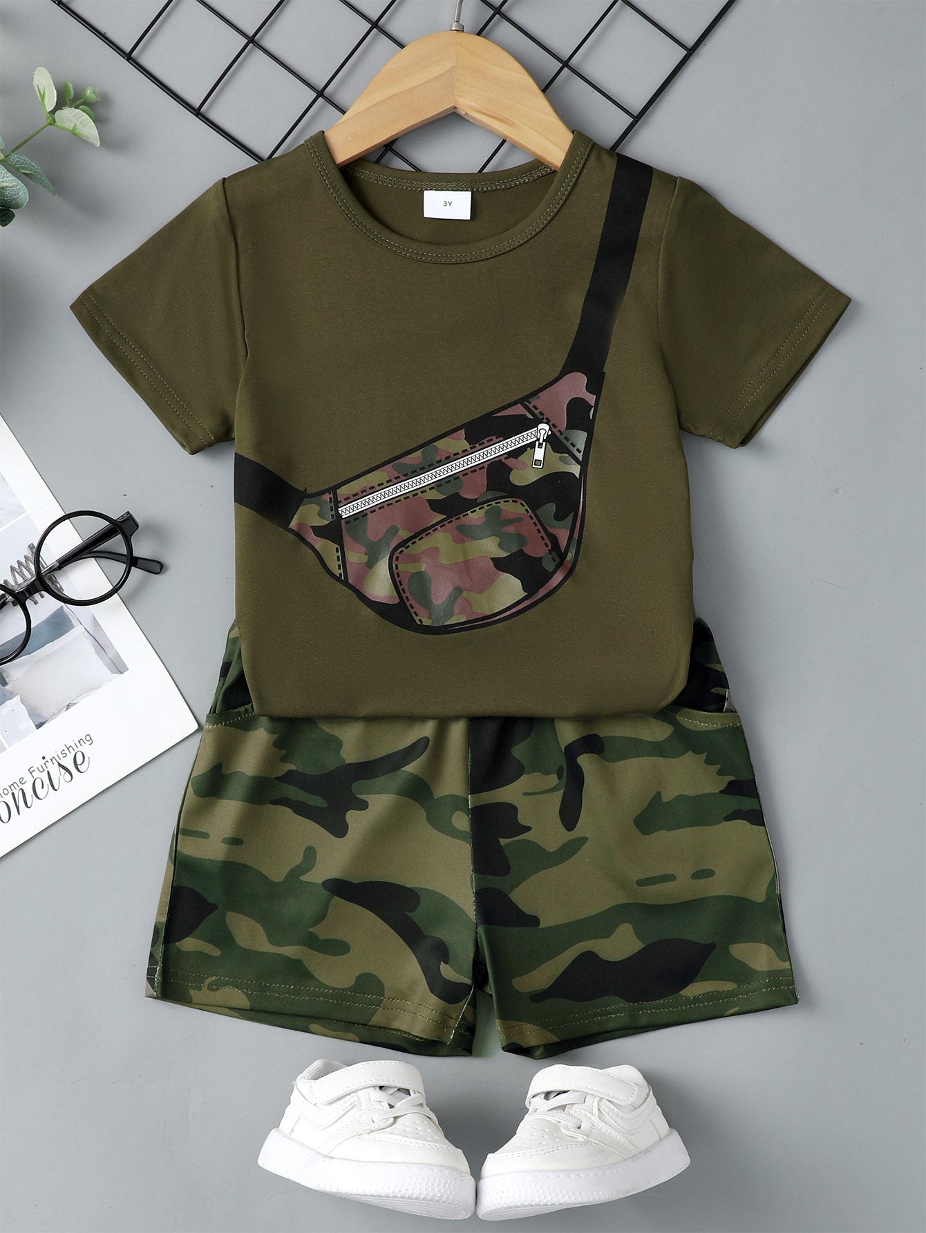 Boys Sling Bag Graphic and Camouflage Shorts Set