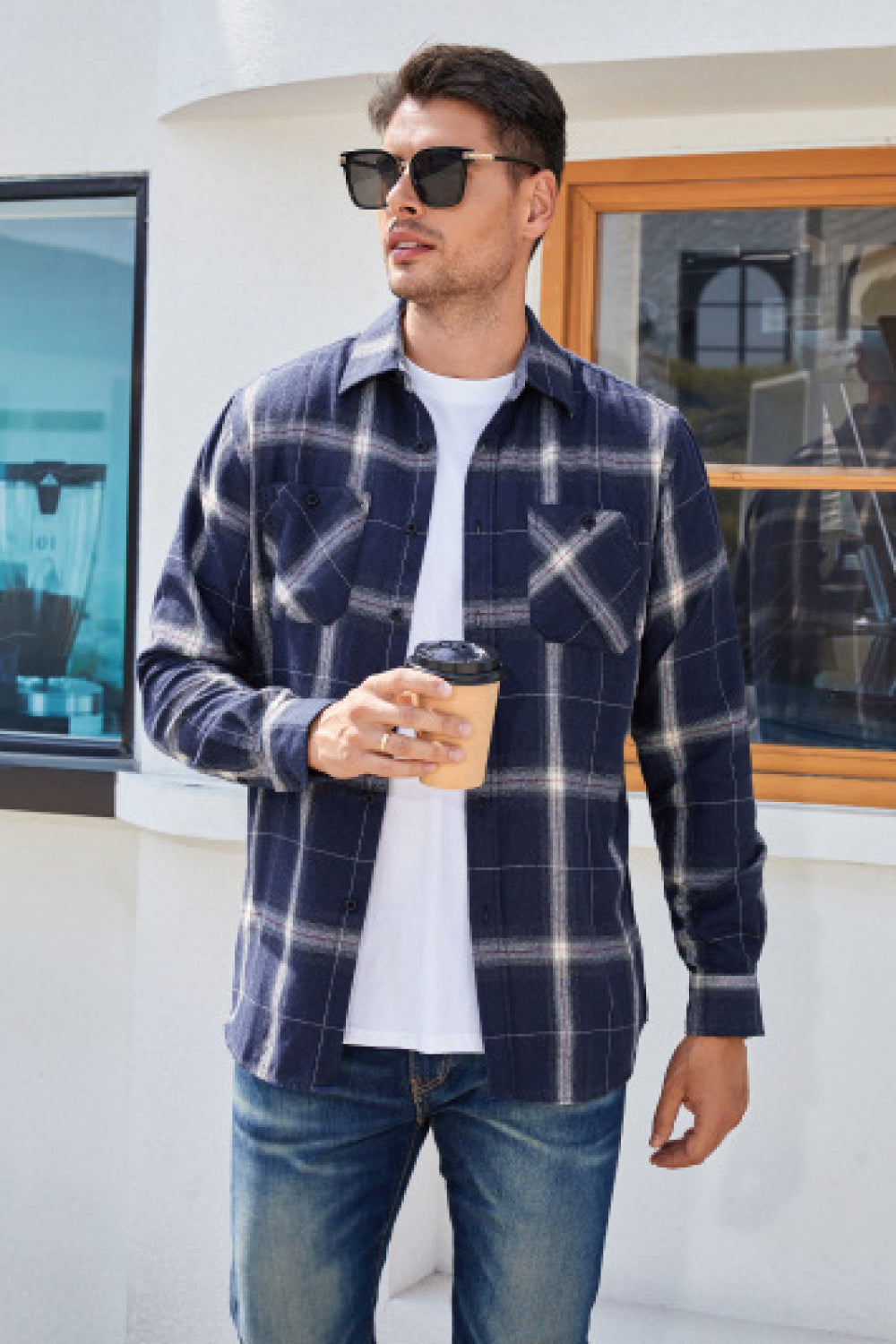 Plaid Button-Up Long-Sleeve Shirt with Pockets - Minihomy