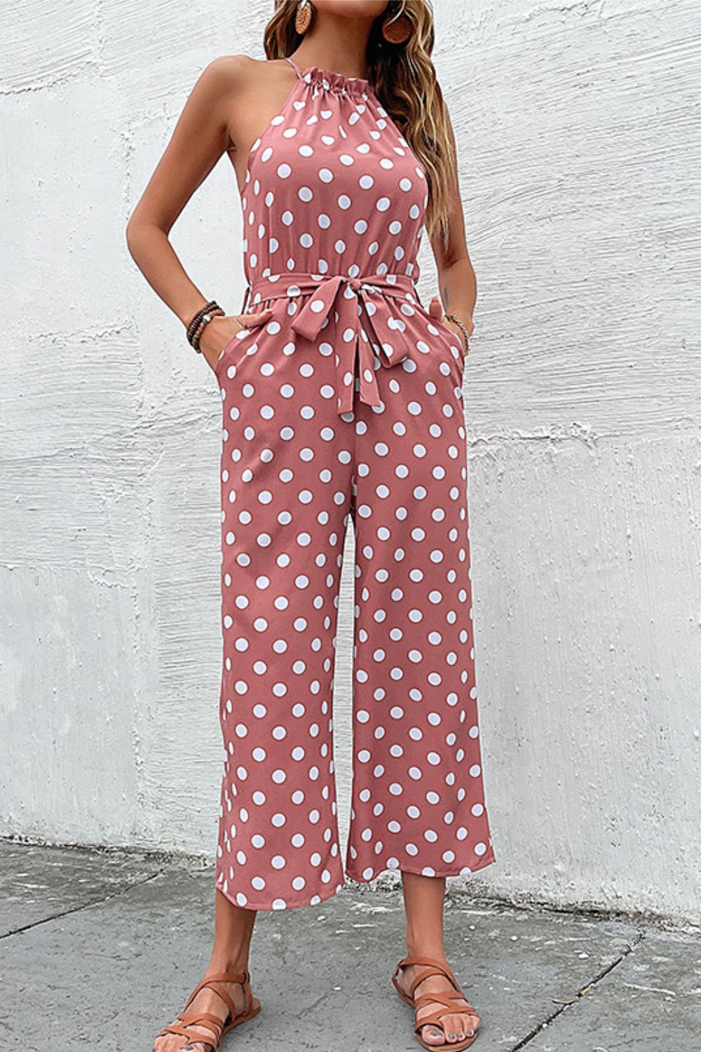 Polka Dot Grecian Wide Leg Jumpsuit - Minihomy