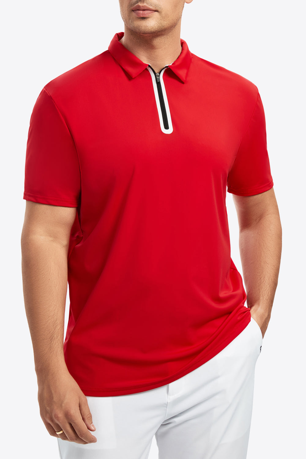 Contrast Short Sleeve Zip Polo Shirt - Minihomy