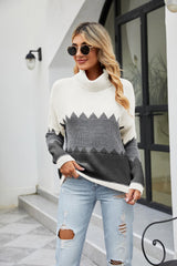 Color Block Rib-Knit Turtleneck Dropped Shoulder Sweater