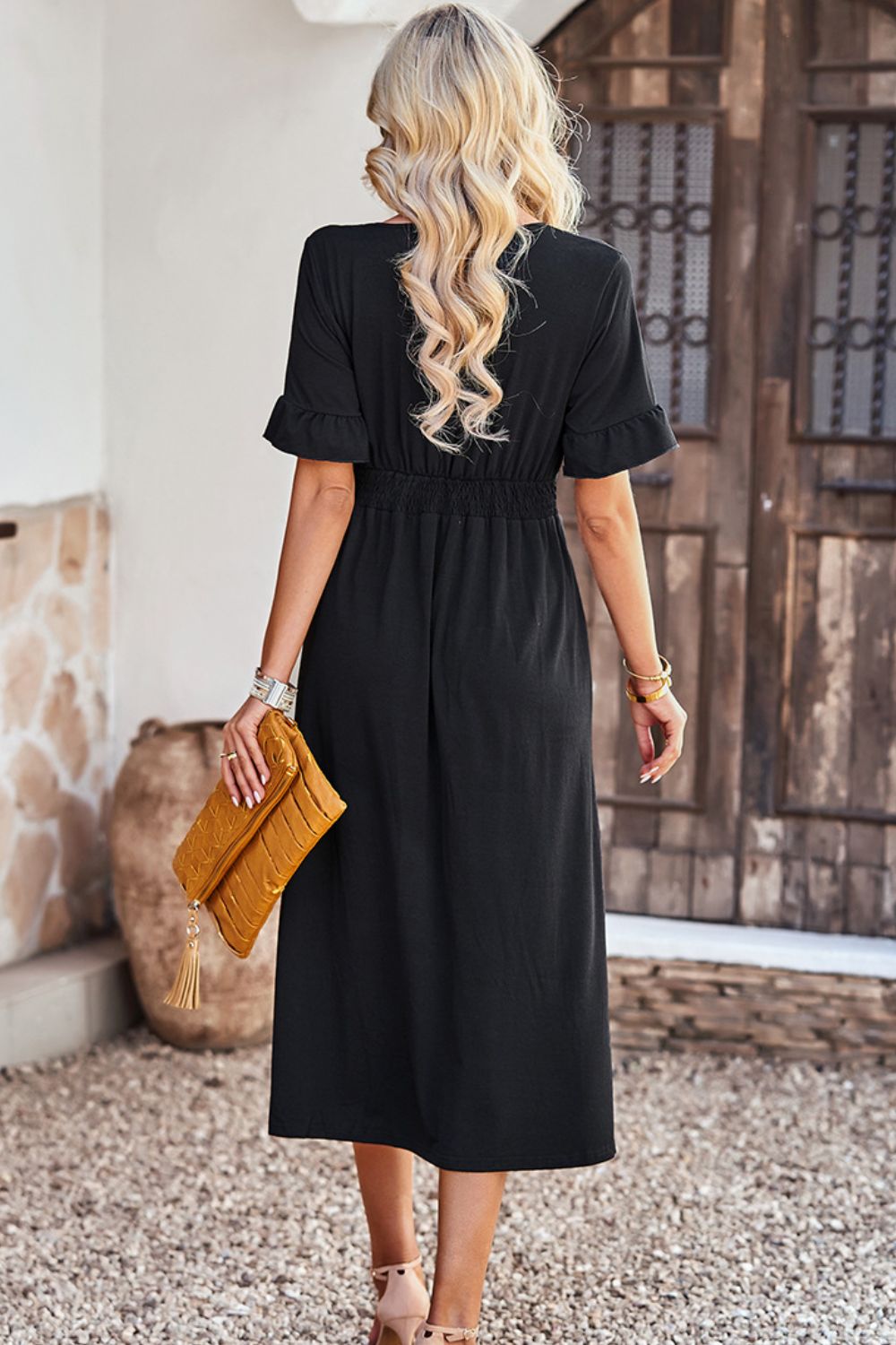 Gathered Detail Buttoned V-Neck Midi Dress - Minihomy